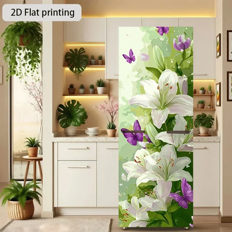 1pc of 2D Flat Printed Refrigerator Sticker, 60×180 Cm, Featuring a Lily And Butterfly Dance Theme, Self-Adhesive Wall Decorat