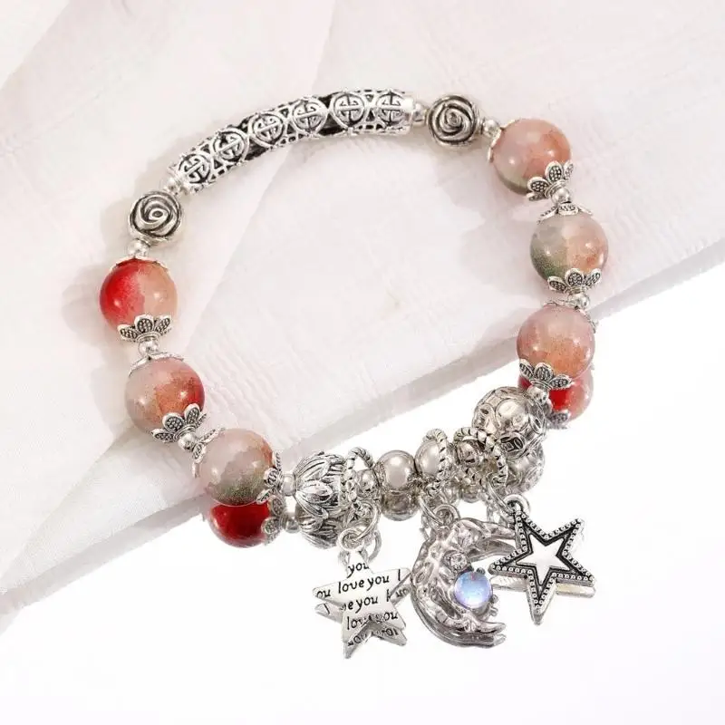 

31BB Unique Moon and Star Bracelet with Crackle Glass Bead Colorful Beaded Handchain Bangle for Stylish Accessory Lovers