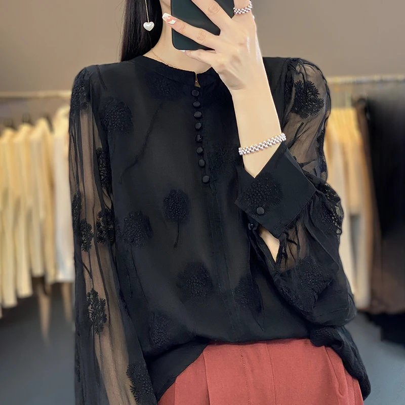 Primavera novedad de verano Sle mujer gasa irt ahueca hacia fuera bordado redondo Ne suelto ajuste Vintage chino Sle Me Top