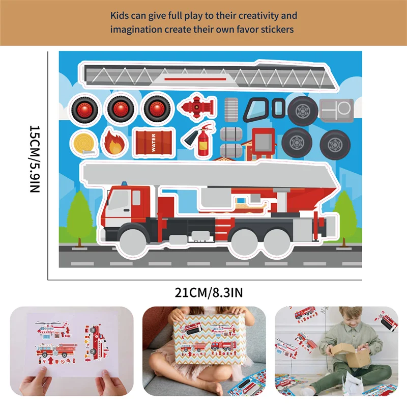 8-24Sheets Kids Stickers Puzzle DIY Fire Fighting Truck Stickers Cartoon Car Helicopter Firefighting Vehicle Decals For Children