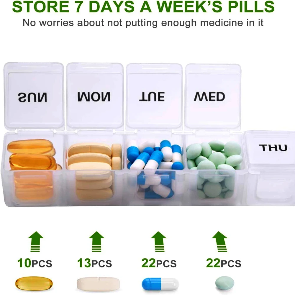 1 kleiner wöchentlicher Pillen-Organizer für 7 Tage, Tages-Pillenetui im Taschenformat, Tagesplaner, Pillenbox für Pillen/Vitamin/Fischöl/Ergänzungsmittel – Detail 17