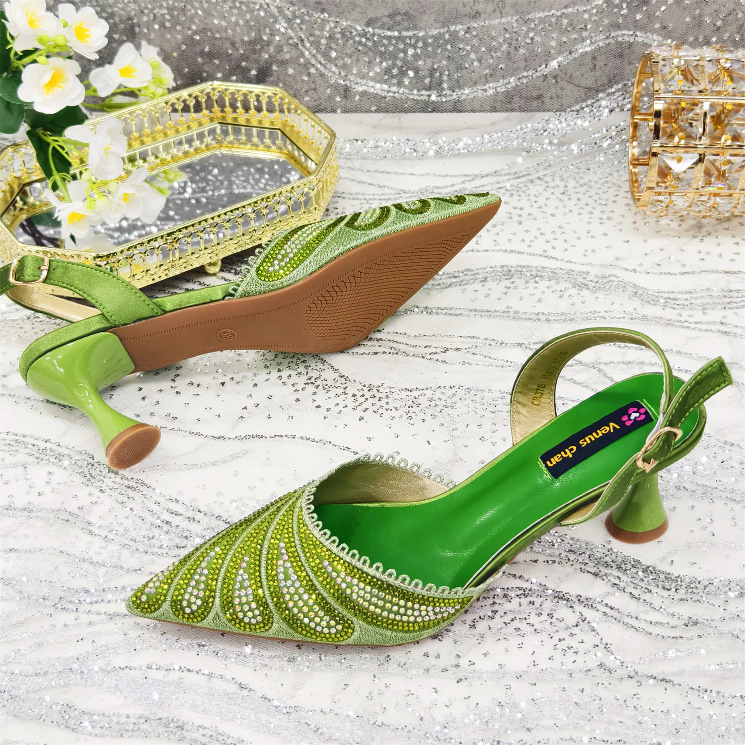 Venus Chan 2025 New Shoes and Bag to Match Olive-Green Pointed-Toe Diamond-Studded Party Women's High Heels Ms. Banguet Scene