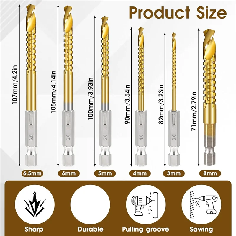 Brocas helicoidales HSS recubiertas de titanio A20F-6Pcs, broca de corte dentada con vástago hexagonal de 3-8Mm, broca de sierra en espiral