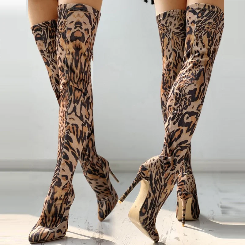 Sexy Leopard Print Elasticity Women Over The Knee Pointed Toe High Heels Lady Winter Thigh High Boots Cloth Shoe