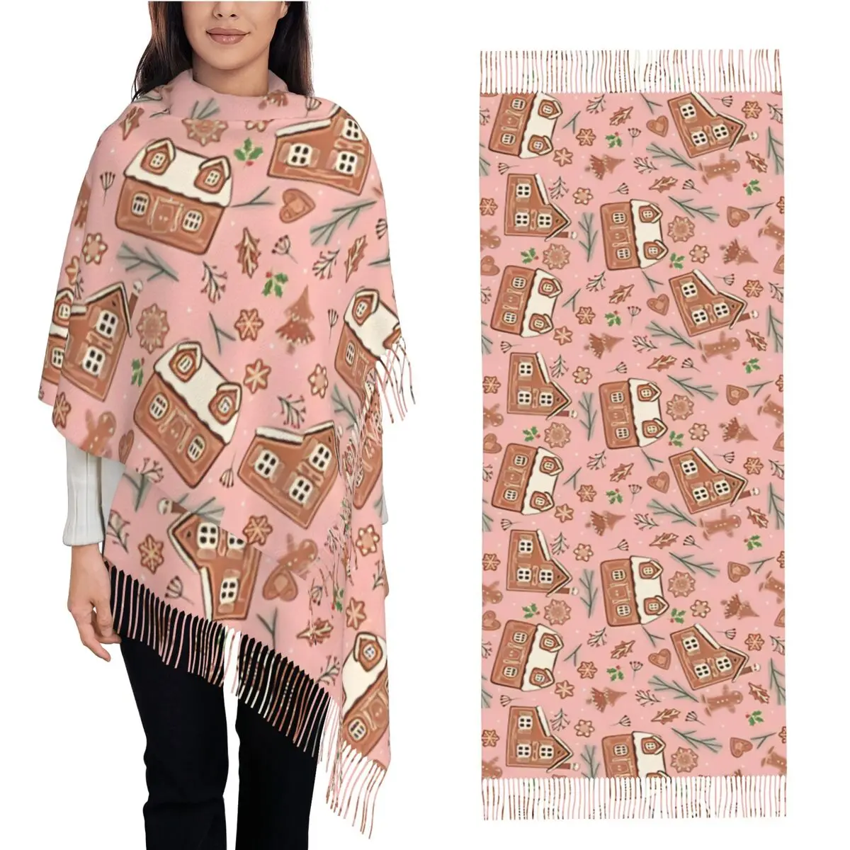 

Пряничное печенье и зимний шарф с флорой для женщин, шали из пашмины и длинные шарфы с кисточкой для вечернего платья