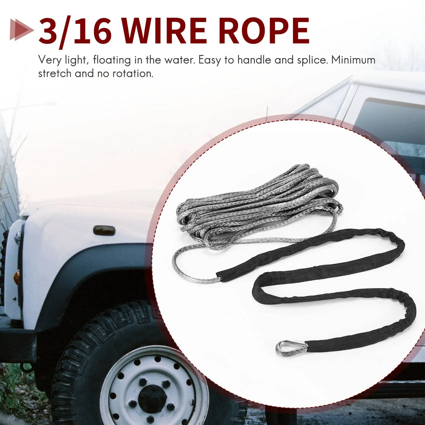 Super Sale 3/16 inch x 50 inch 7700LBs Synthetic Winch Line Cable Rope with Protecing Sleeve for ATV UTV (Grey)