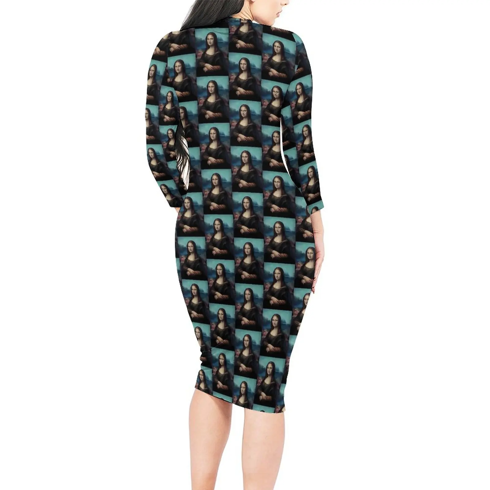 Mona Lisa Dress Long Sleeve Famous Painting Pretty Dresses Summer Women Street Fashion Graphic Bodycon Dress 3XL 4XL 5XL