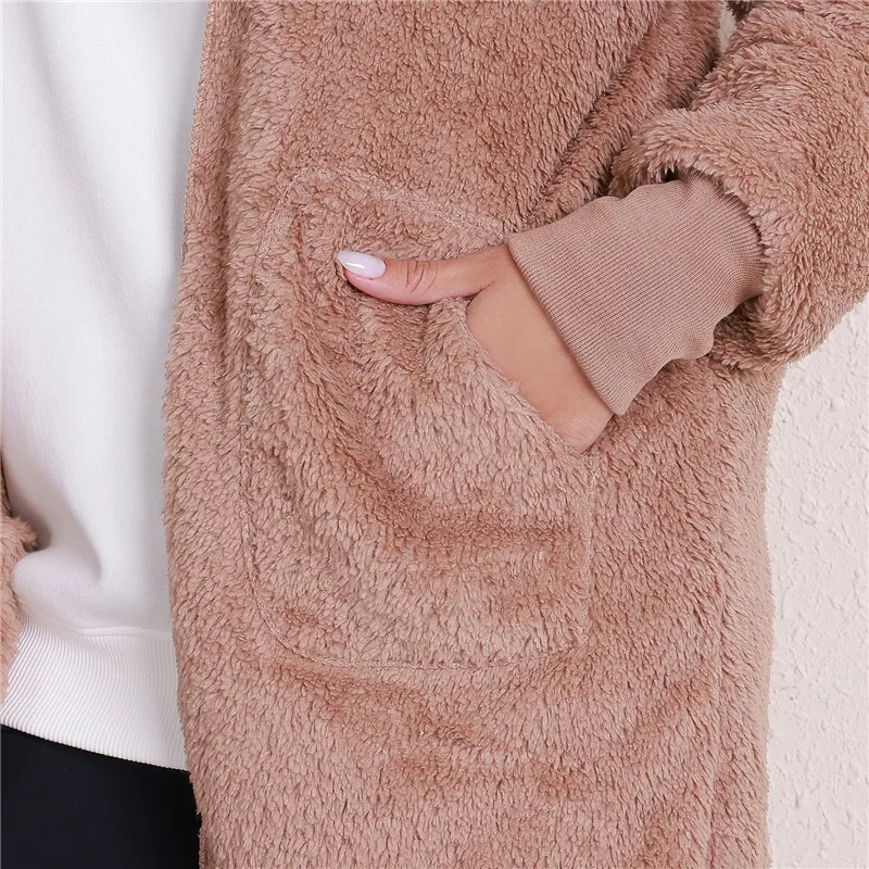 Plush Warm Jacket For Women Faux Fur Long Sleeve Oversized Coats Korean Fashion Hooded Loose Coats Women Winter Black