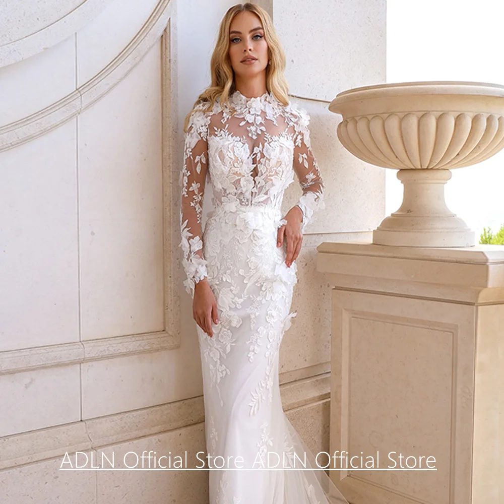 Romantyczne Suknie Ślubne Syrenka z Koronki, Długie Rękawy, Stójka, Aplikacje Kwiatowe 3D, Tren Sweep, Suknia Ślubna na Zamówienie dla Panny Młodej