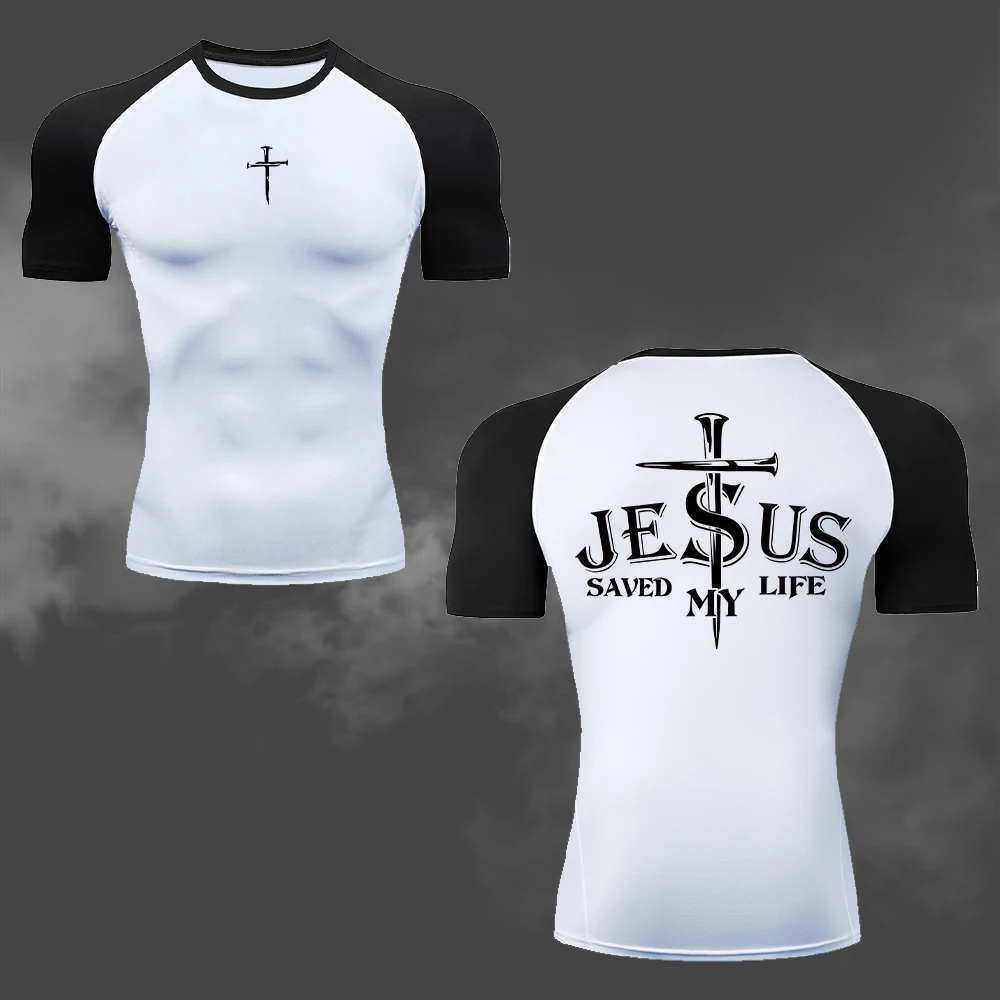 Herren-Kompressions-T-Shirt mit Jesus-Kreuz-Doppeldruck, schnell trocknend und atmungsaktiv, kurzärmelig, für Fitness, Gym, Laufen, Training – Detail 9