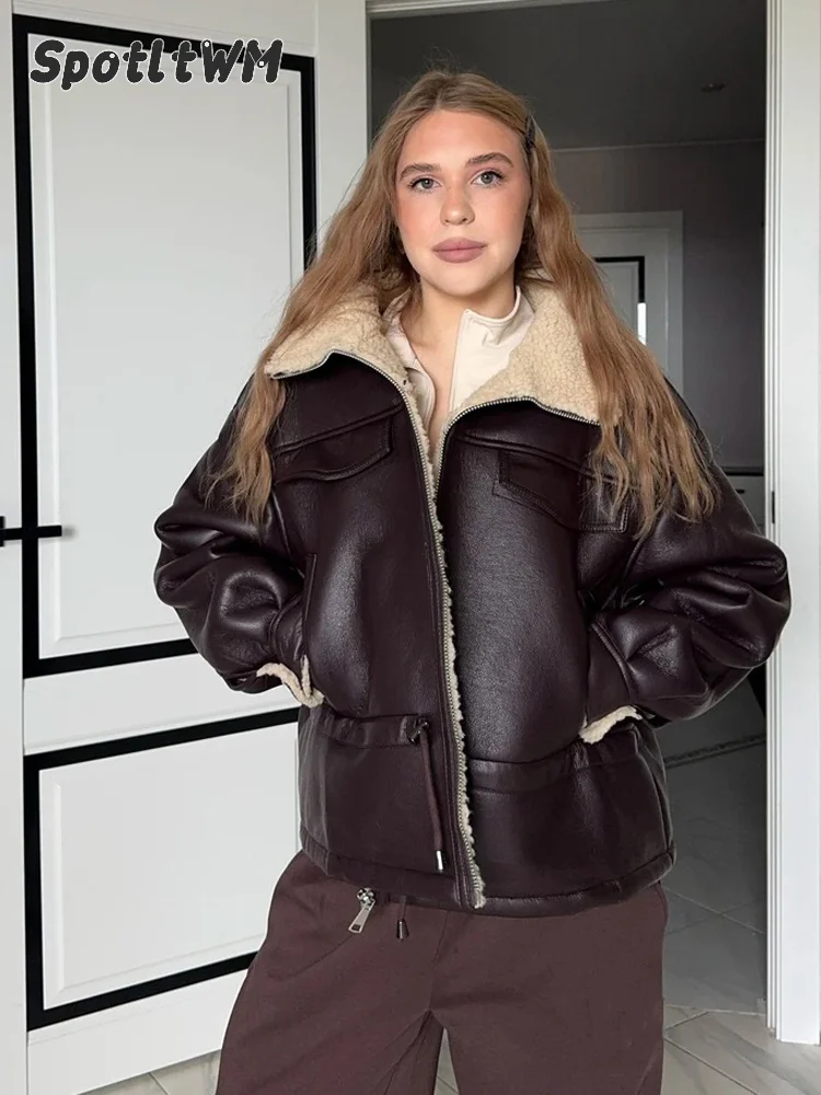 Women Flip Collar Drawstring Hem Fur One-piece Short Jacket Dropped Shoulder Zipper Pocket Coat 2026 Winter Casual Street Coats