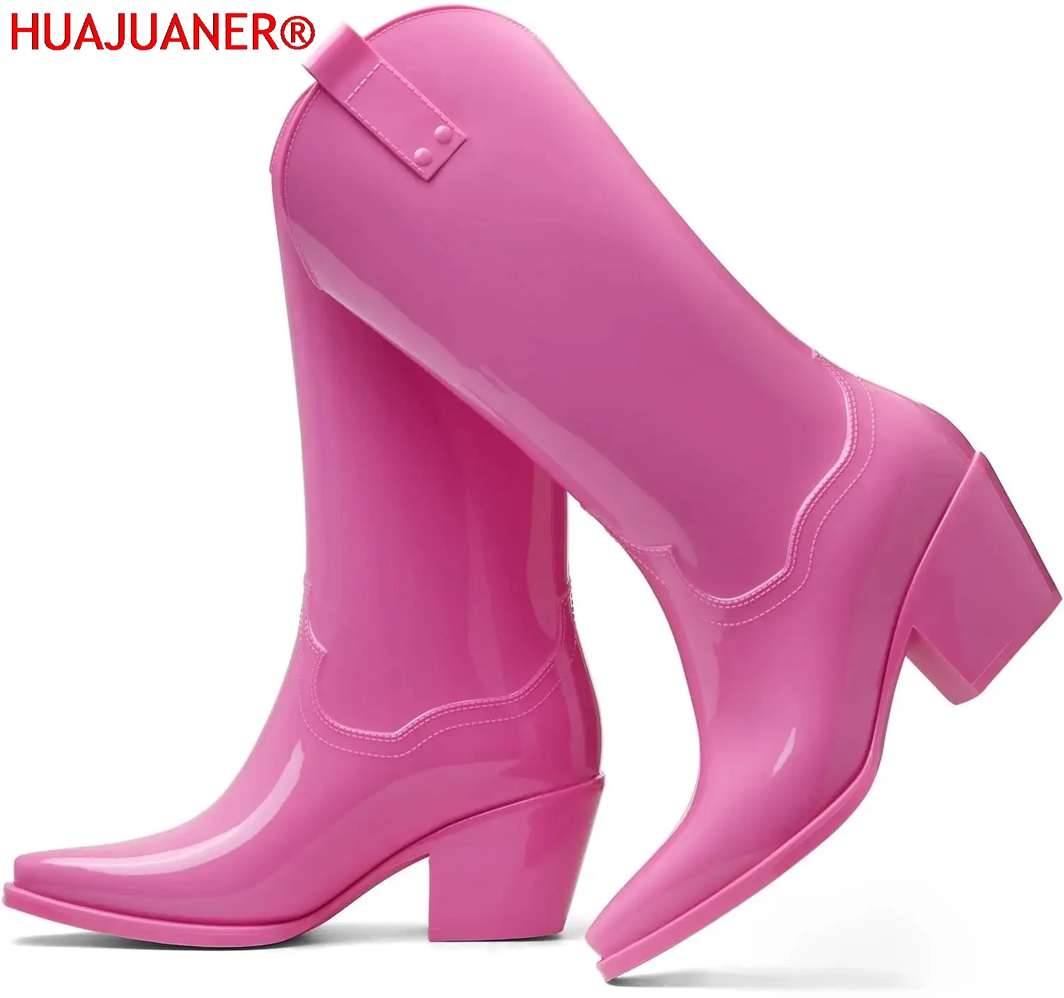

2025 Traf Spring New Women Rain Black Pink Cowboy Boots Rubber Boots For Women Chunky Mid Heel Rain Shoes