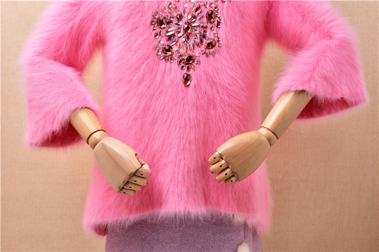 lady women fashion sweet pink beaded mink cashmere knitted three quarter sleeves v-neck slim blouse pullover angora fur sweater