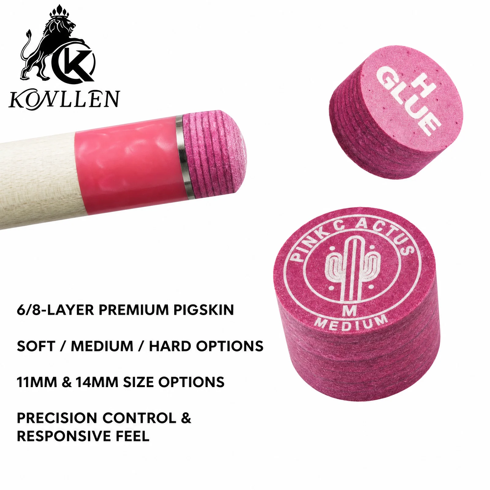 PINK CACTUS Pink Pool Cue Tip, Made of Multi-layer Pigskin 11mm/ 14mm Tip  with S / M / H for Pool and Snooker Accesso