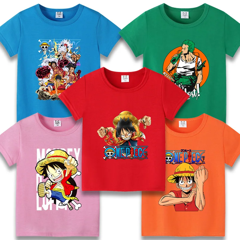 Ropa de verano de una pieza, camiseta de manga corta de Anime Luffy para niños, camiseta transpirable bonita para niños y niñas, Top Base, regalos de cumpleaños de 3 a 12 años