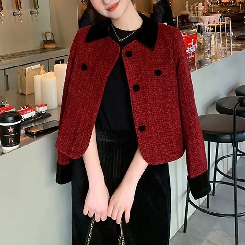 

French Style Lapel Jackets Autumn Winter Vintage Socialite Female Clothing Stylish Pockets Spliced Basic Long Sleeve Short Coats