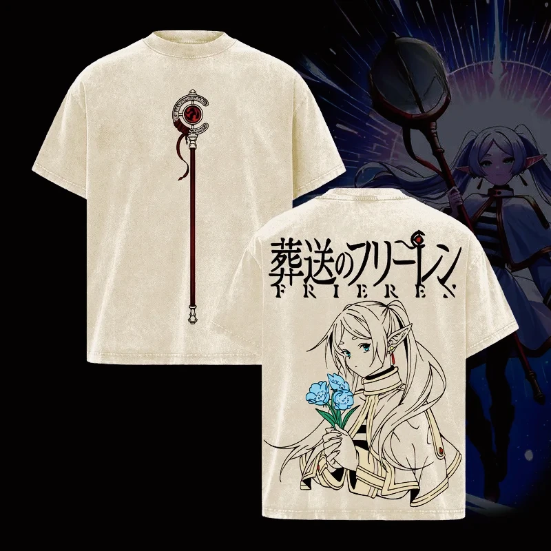 Camiseta de anime Frieren Beyond Journey's End, camiseta holgada vintage lavada, ropa para hombres y mujeres, camisetas de algodón de manga corta