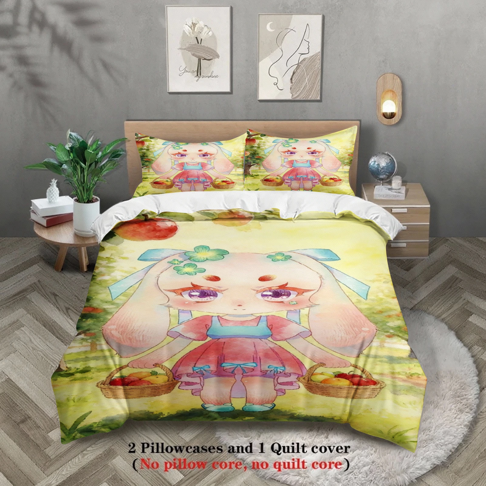 

Комплект постельного белья Softville Cozy Town из 3 предметов: пододеяльник с принтом кролика, несущего корзину с фруктами, без наполнителя, в мультяшном стиле, размер Queen