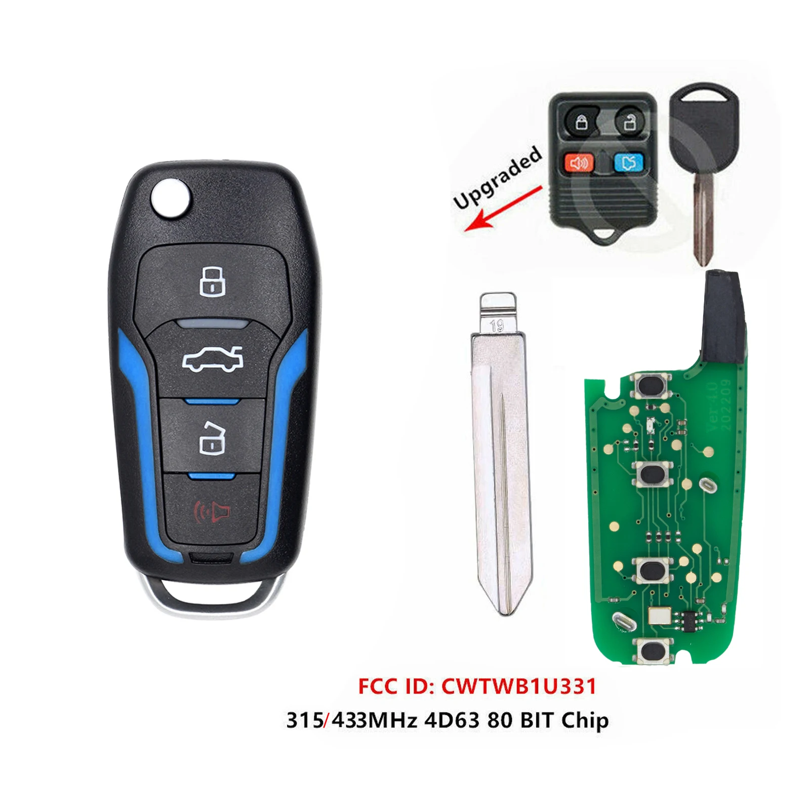 

Car Control Key for Ford 315/433MHZ ASK 4 Buttons Remote Fob Modified Vehicle Key with Chip CWTWB1U331 4D63/80bit Car Key