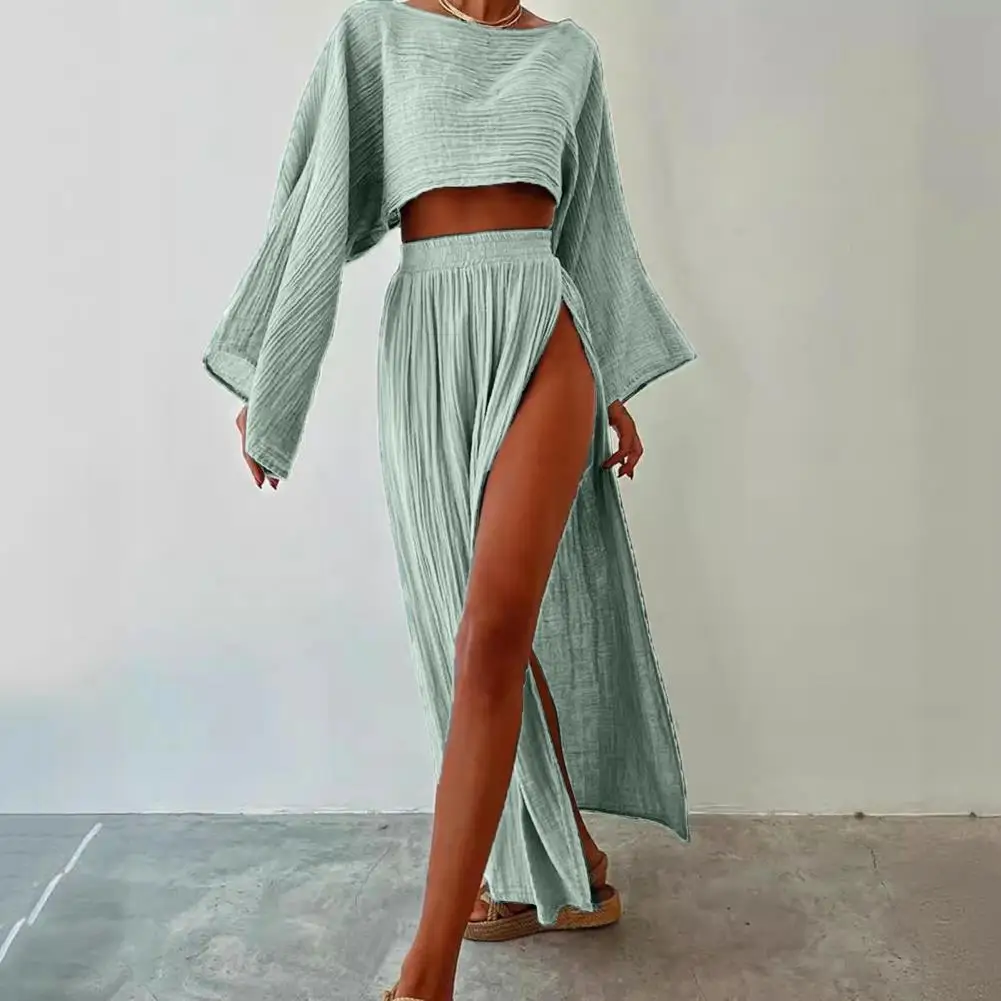 Long Sleeve Crop Top Skirt Set Women's Long Sleeve Crop Top Split Skirt Set for Vacation Beach Bikini Coverup Club Party 2 Piece