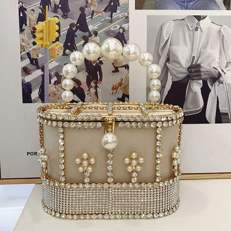 

Metal vegetable basket flower pearl diamond bag dinner party hollow rhinestone birdcage bucket hand messenger bag