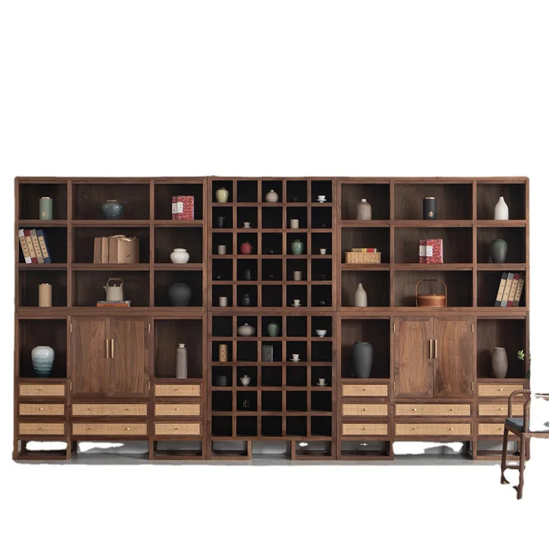 

New Chinese black walnut solid wood whole wall bookcase, combined floor-to-ceiling living room bogu shelf
