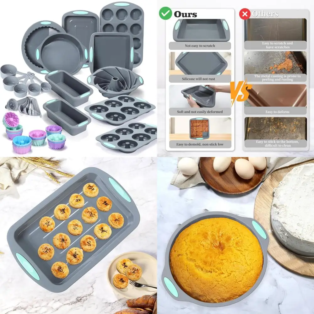 

51 piece silicone bakeware set, non-stick kitchen oven baking pans, silicone cake molds with muffin pan, cookies baking sheet,