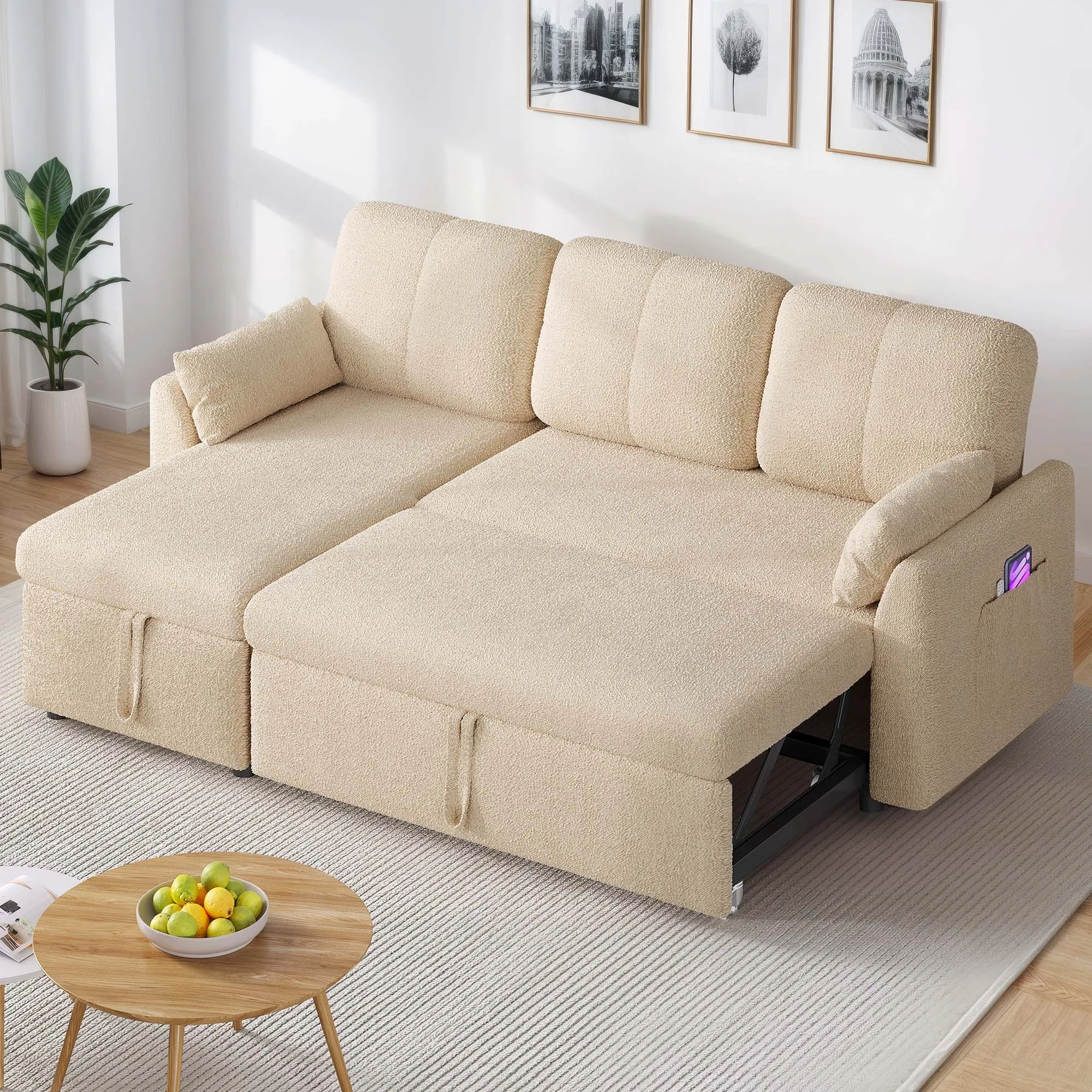 3 Seater Living room sofa Pull Out Sofa Bed, Modern Tufted Convertible Sleeper Sofa, L Shaped Sofa Couch With Storage Chaise