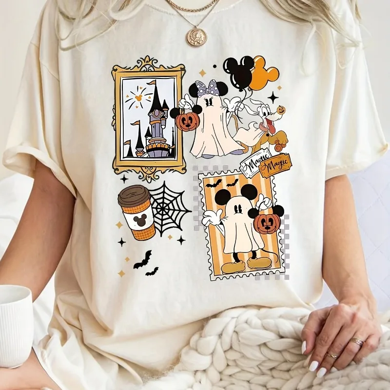 Camiseta estampada de la serie Disney Halloween para mujer, novedad de verano, estilo informal para hombre y mujer, ropa de moda urbana
