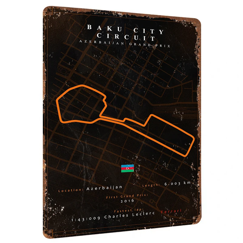 Baku City Circuit Metal Wall Art Azerbaijan F1 Grand Prix Track Map Decor 6003km Racing Memorabilia