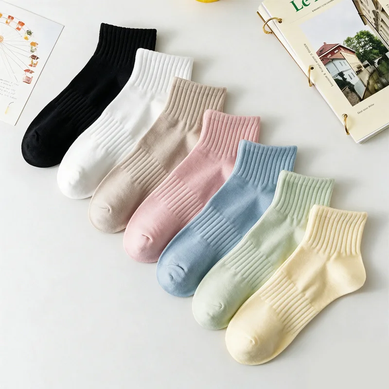 Mixed 5 Pair Couple Solid Color vertical stripes macaron colored Short Socks Don't Drop Heel Socks Soft and Comfortable Socks