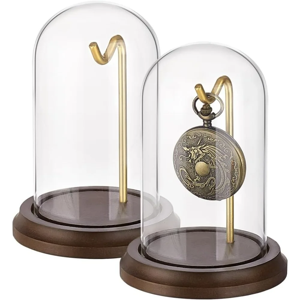 

2pcs 4x5 inch Pocket Watch Display Dome Cloche with Metal Hook Decorative Watch Display Jar with Wood Base Glass Display