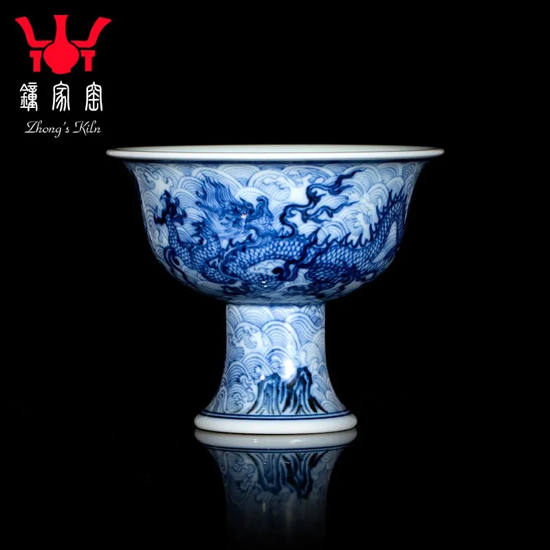 Zhongjia Kiln Master Cup Tea Cup Hand Painted Blue and White Firewood Kiln Relief Sculpture Dragon Pattern Goblet Jingdezhen Han