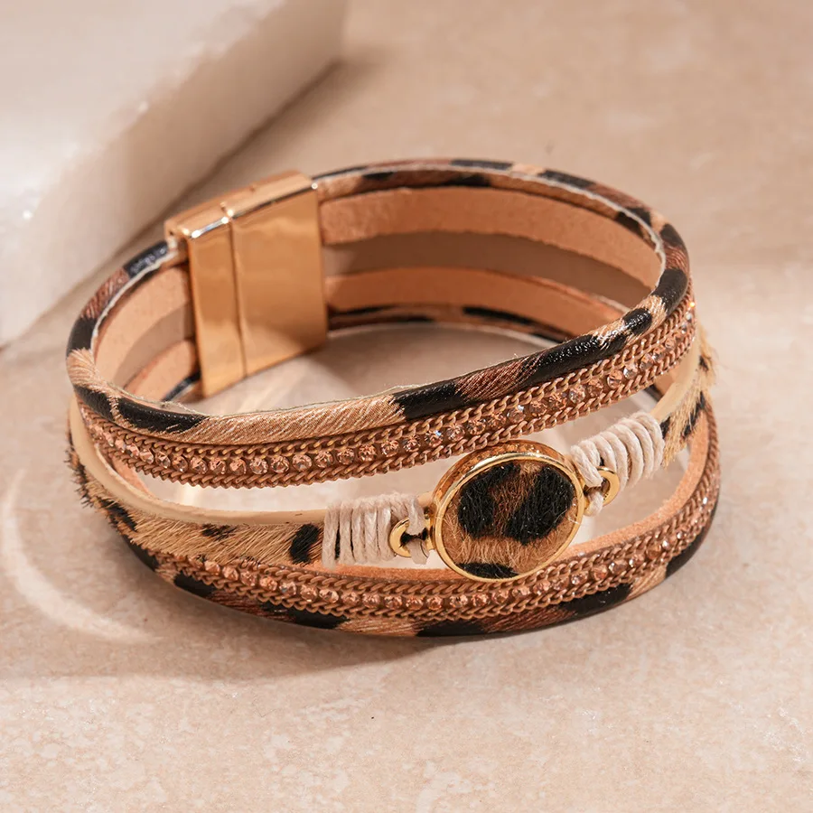 

Vintage Leopard Leather Bracelets for Women New Fashion Multilayer Crystal Chains Wide Wrap Bangles Charm Jewelry Gifts