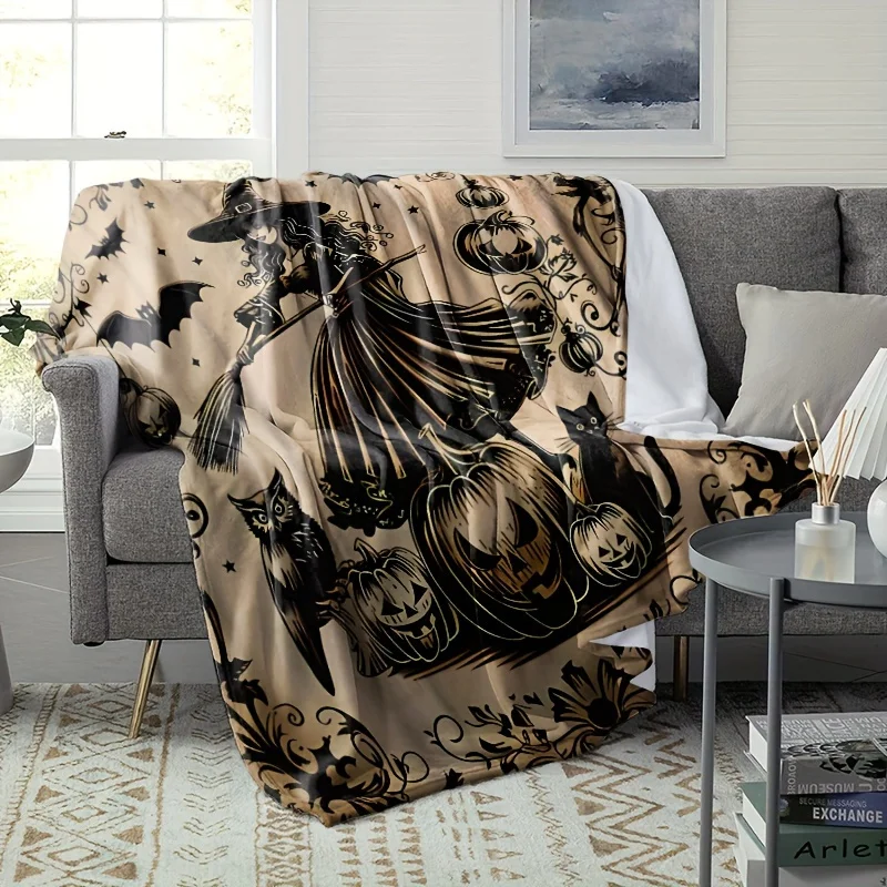 Wizard Pumpkin Halloween Pattern Flannel Blanket, Lightweight Soft Gift  Lunch Break , Sofa Blanket Camping Travel