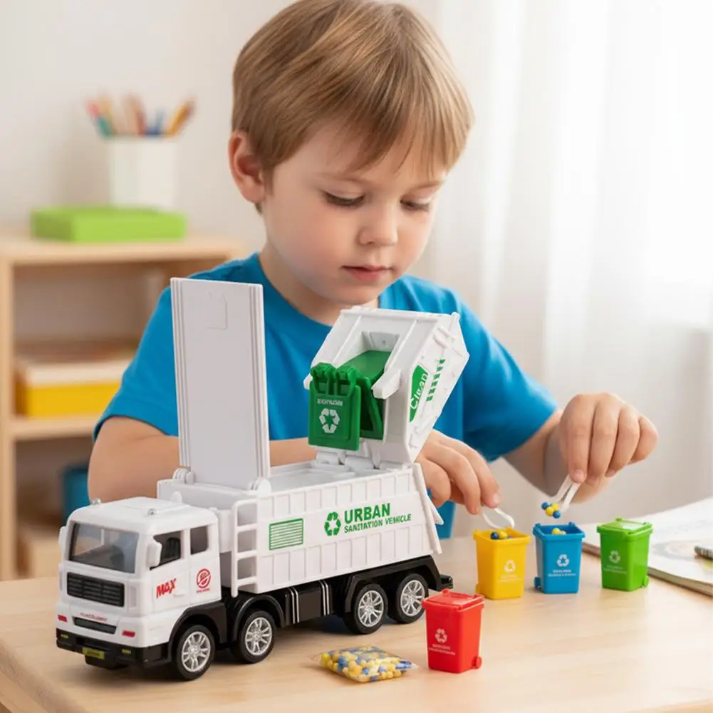 Camion poubelle à inertie pour enfants, véhicule de recyclage réaliste avec poubelles, jeu de rôle éducatif, cadeau