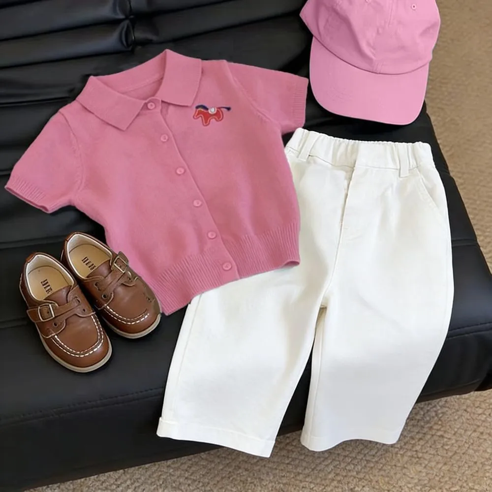 

Girls' Short Sleeve Set 2026 Summer New Style Children's Stylish Knitted Polo Shirt Pencil Pants Two Piece Set