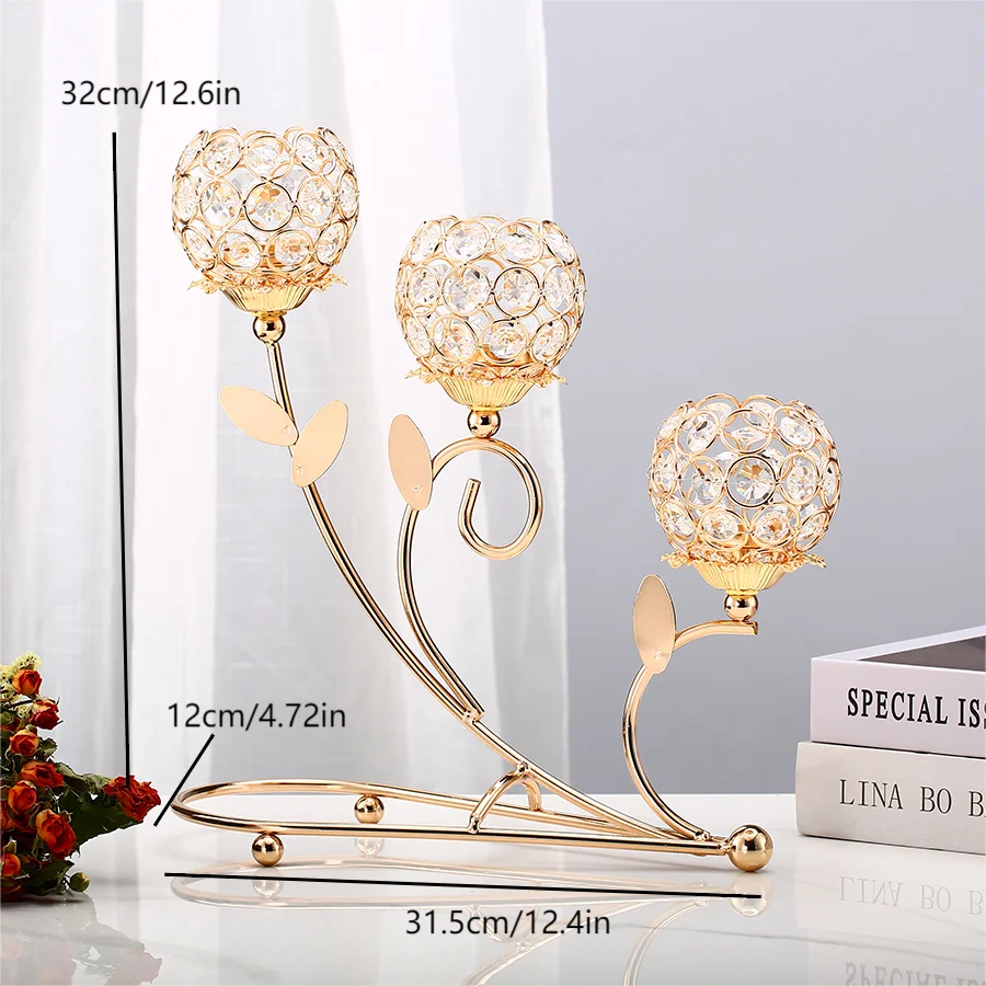 1pc 3 Arms Golden Metal Candle Holder Votive Candle Holder Candelabra Flower Vase, Vintage Candlestick for Table Centerpiece