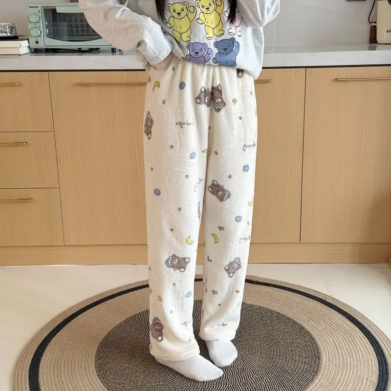 Winter Cartoon Coral Fleece Warm Women's Sleeping Pants, Comfortable and Cute Girls' Home Pants, Loose and Soft Plush Pants