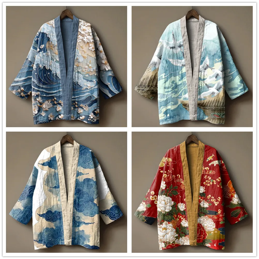 Kimono Haori Feminino com Estampa Floral Vermelha, Fantasia de Cosplay de Animal, Yukata Tradicional Japonesa Masculina, Roupa de Rua