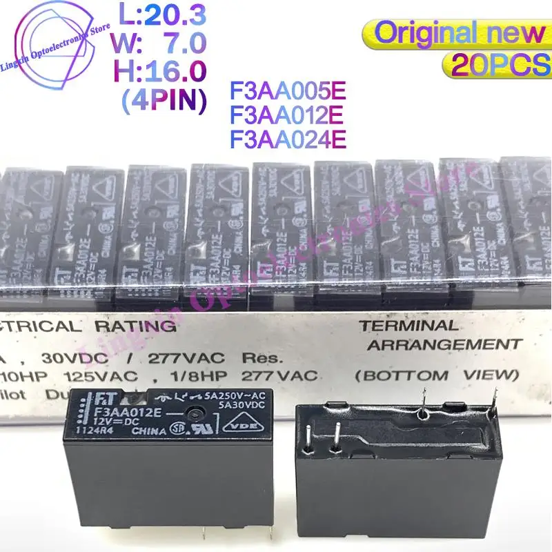 20Pcs/Lot Relay F3AA012E F3AA005E F3AA024E 1 Form A SPST-NO Power Relays F3AA 5V 12V 24V DC 4PIN 5A 100% Original new