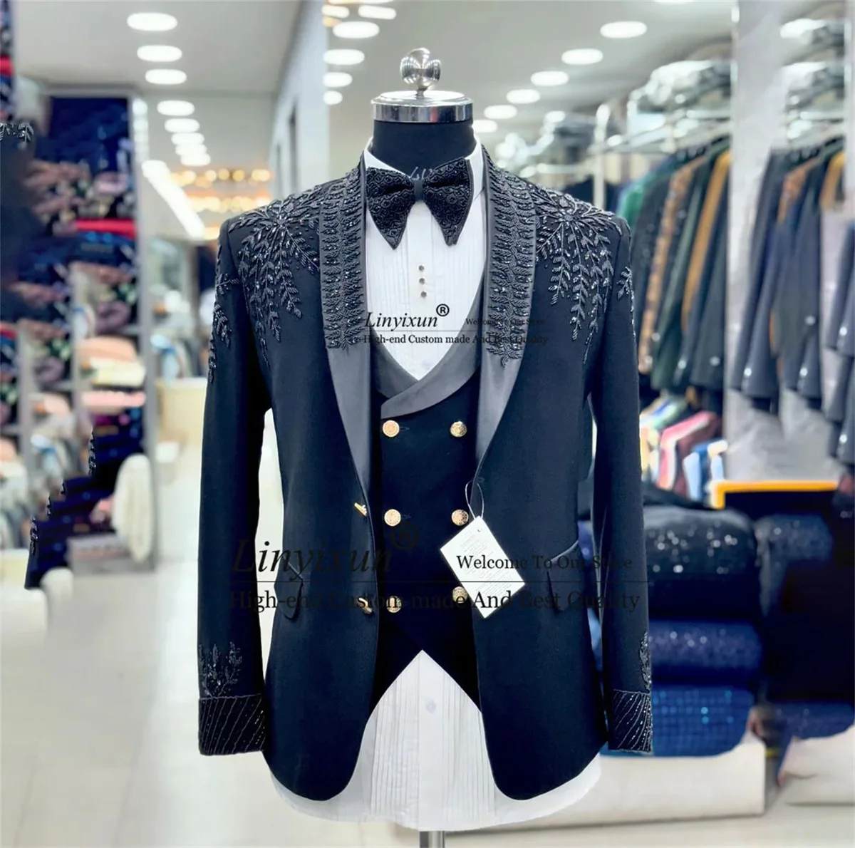 Elegance Beaded Embroidered Tuxedos Men Suits  Luxury Shiny Male Prom Blazers 3 Pieces Sets Groom Ropa Hombre Slim Costume Homme