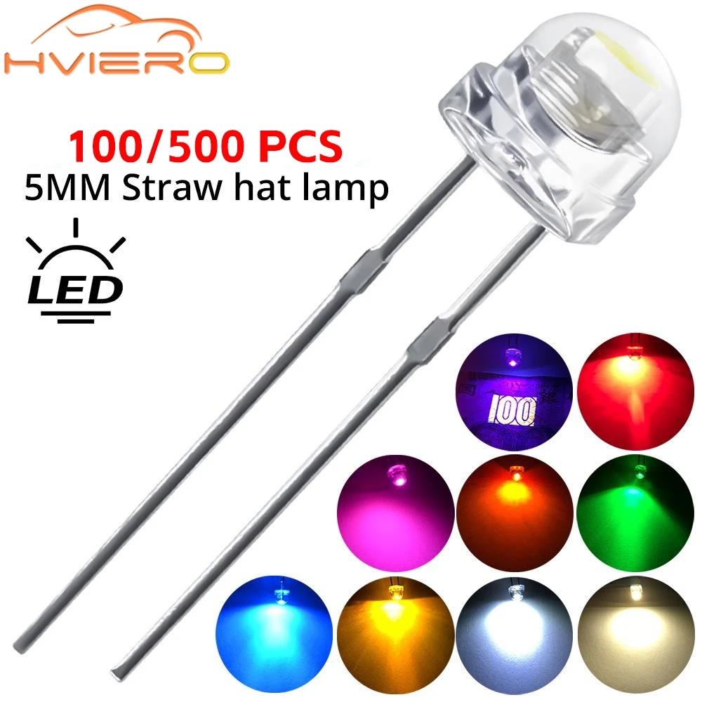 100/500pcs 5mm Straw Hat White Green Blue Yellow Smd Smt Led Water Clear Bright Wide Angle Emitting Diode Bulb DIY Lights bead