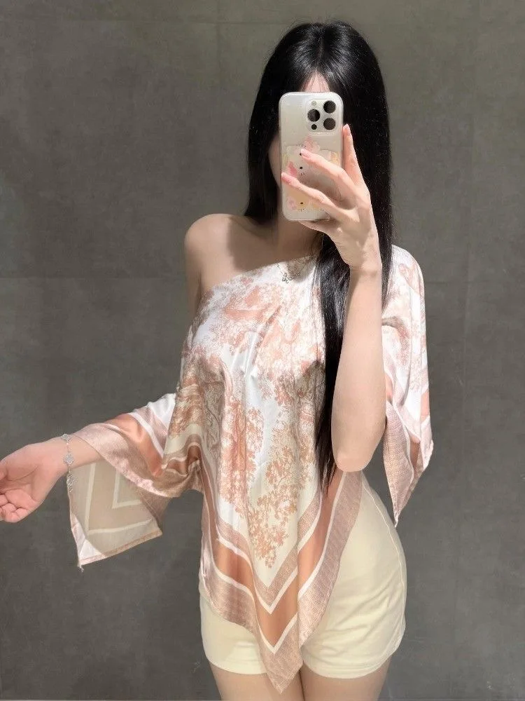 KING BRAND Summer irt Ele Pink Print Oblique oulder Design French Sle Loose Fit Women's Faion Daily Wear