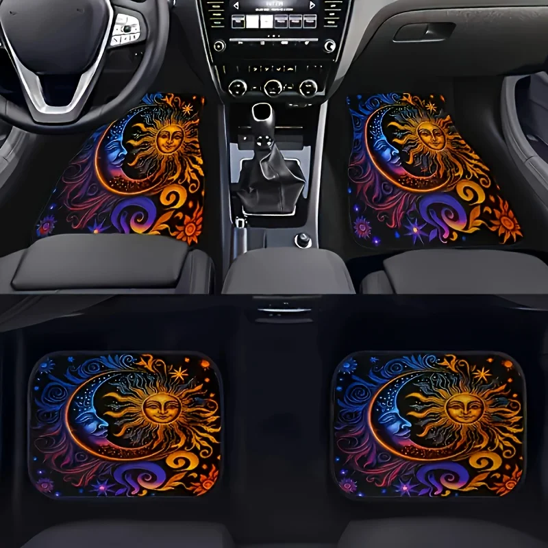 

4pcs Moon And Sun Pattern Car Seat Cushions, Butterfly Flower Front And Rear Floor Mats, Creative Car Carpet Mats, Universal Ped