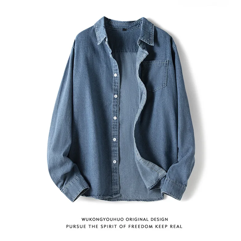 

Loose Men's Denim irt Long Sve Autumn Sle Casual Comfortable Linen Material ort Sve Stand Collar Color