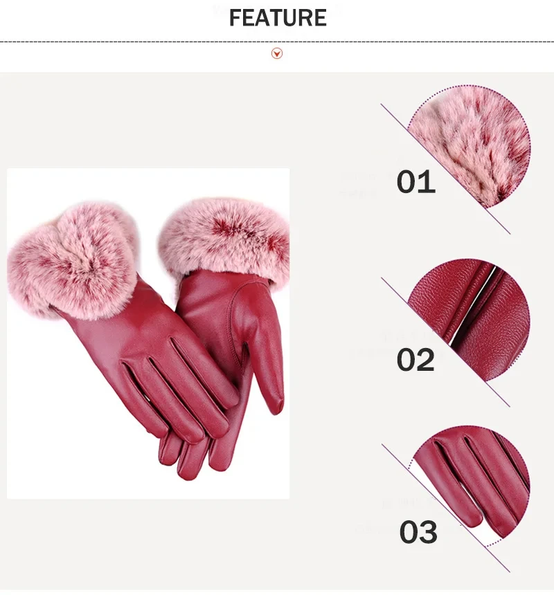 قفازات الشتاء النسائية أرنب صناعي بولي Leather الجلود شاشة تعمل باللمس القفازات سيدة أنثى القيادة في الهواء الطلق قفازات دافئة #6