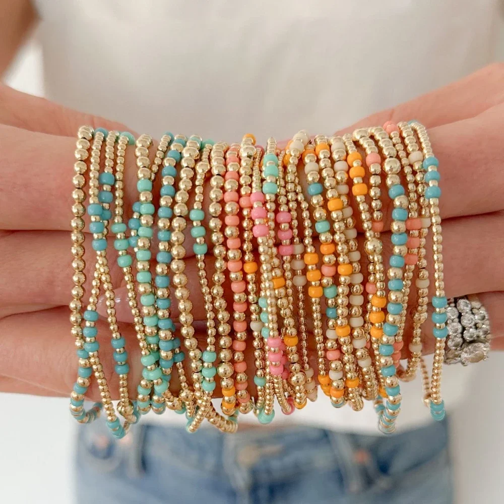 CCGOOD Adjustable Elastic Boho Bracelet Multicolor Stone Beads Gold Tone Stackable Beach Jewelry Gift for Women Chic Tropical St