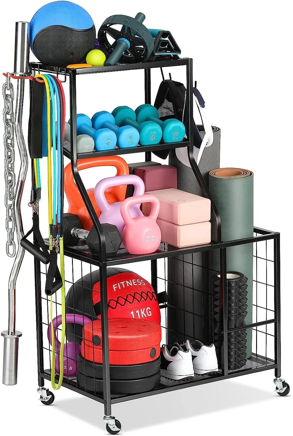 

Storage Rack for Dumbbells Kettlebell Resistance Band, Exercise Equipment Gym Rack Organizer with Wheel and Levelling Feet