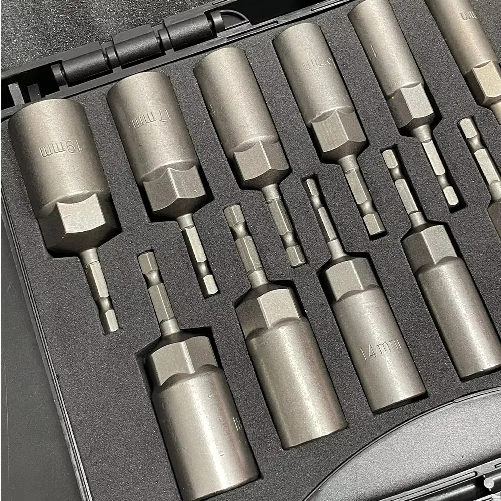 15-teiliges Set mit Schraubenschlüsseln für Bohrmaschinen, 5,5–19 mm tiefe Schlagschraubstößel mit 6,35-mm-Sechskant-Schnellwechseladapter, 80 mm Länge. – Detail 2